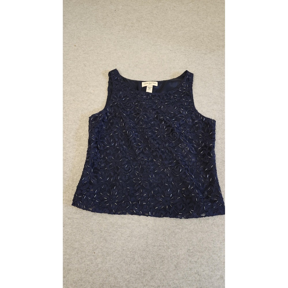 VTG Y2K Amanda Smith Shirt Small 4P Navy Beaded Lace Tank Top Shell Dressy Party
